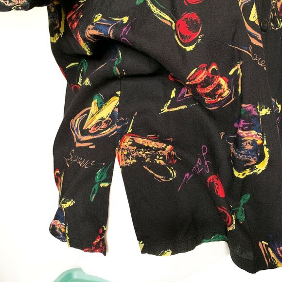 vintage JR Bentley Button Down print Shirt Ladies Top Black Sz L - Picture 7 of 10